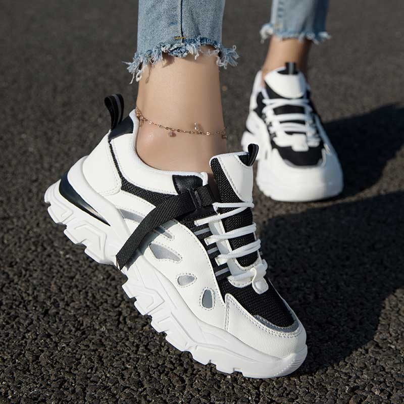 Women's white black strap decorated casual sport shoe sneaker 05